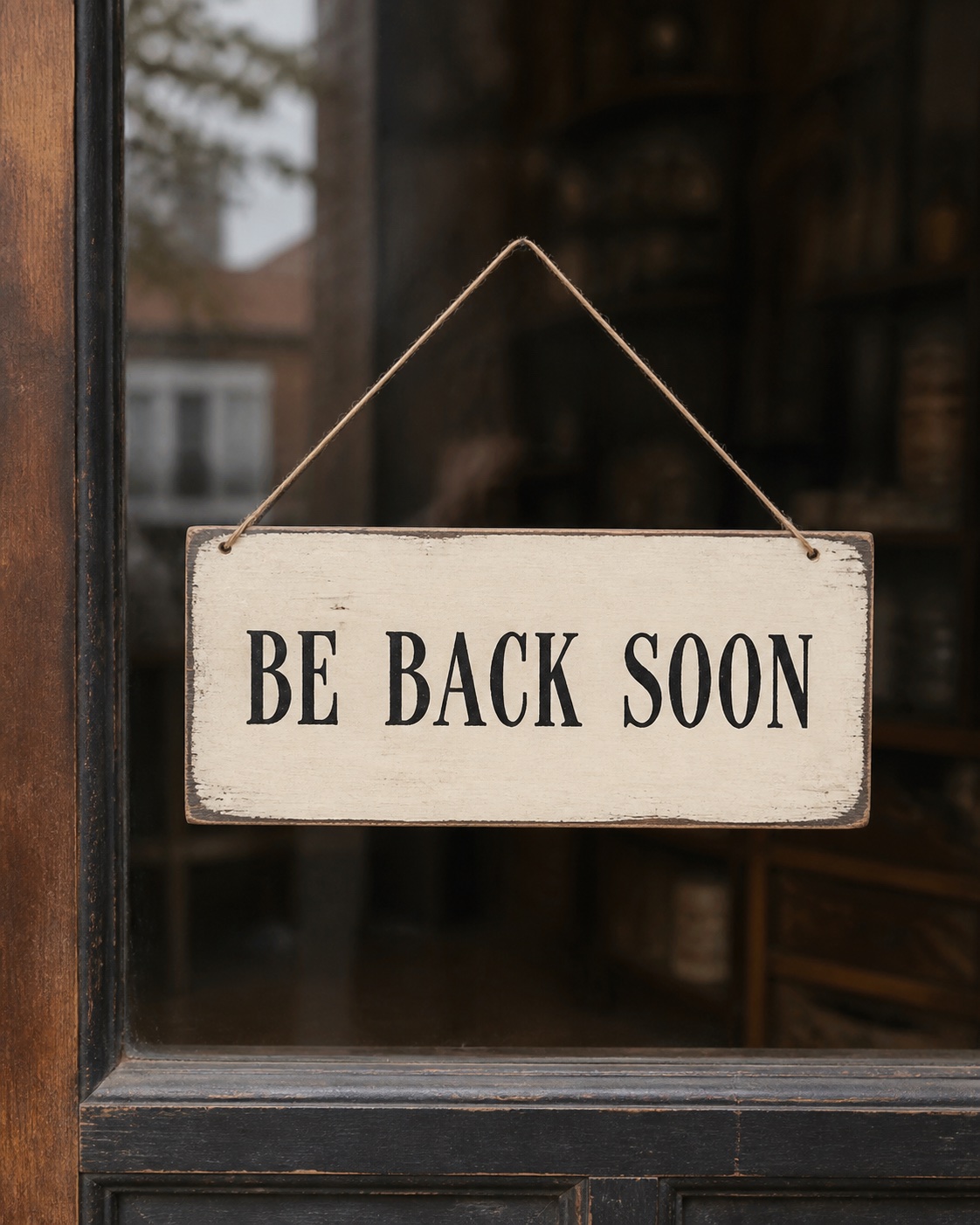 A weathered sign hanging in a shop doorway that reads: Be Back Soon.